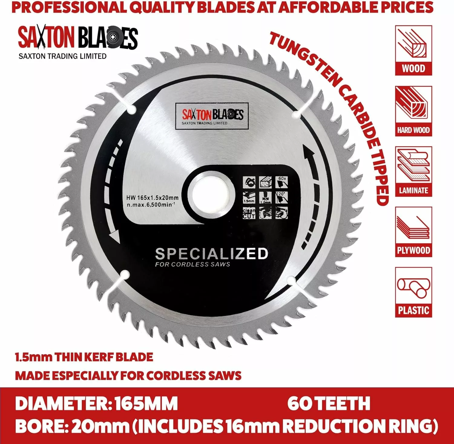 Saxton TCT Circular Fine Cutting Wood Saw Blade Best 165mm Circular Saw Blade for MDF