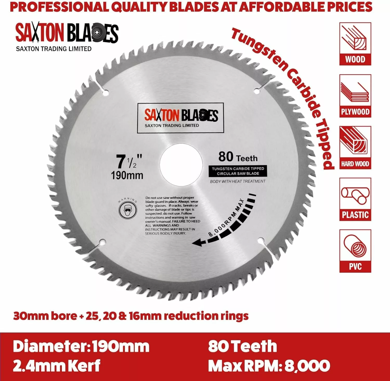 Saxton TCT19080T TCT Circular Wood Saw Blade best 190mm blade for cutting mdf