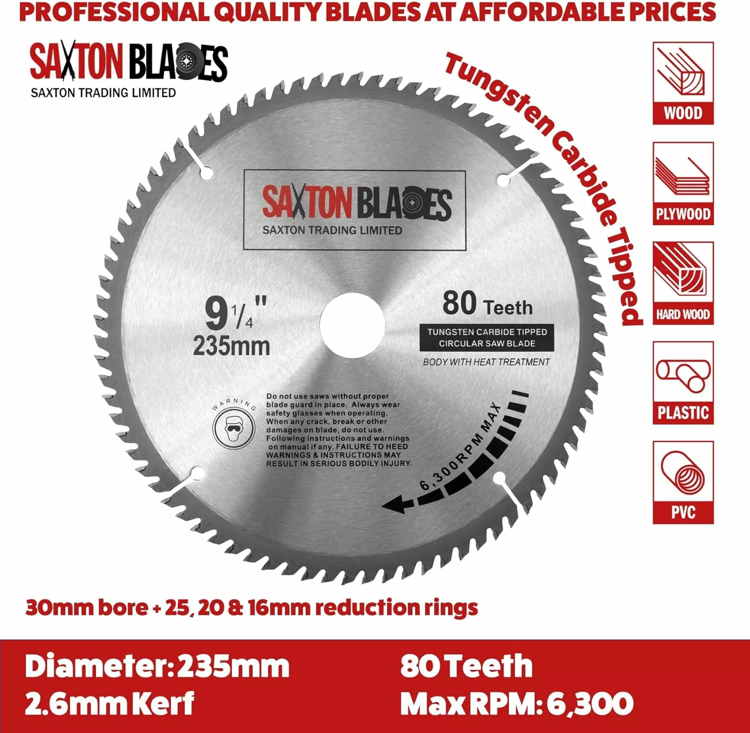 Saxton TCT23580T TCT Circular Wood Saw Blade. Best 235mm (9.25") circular saw blade for MDF