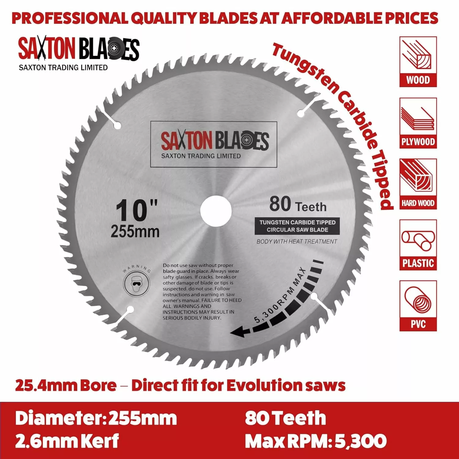 Saxton TCT25580T254B Circular Wood Saw Blade. 255mm (10") circular saw blade for MDF