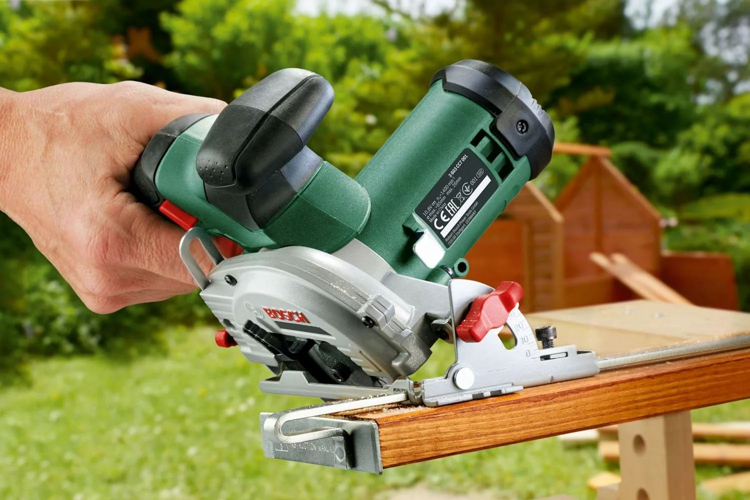 Bosch UniversalCirc mini saw making a bevel cut