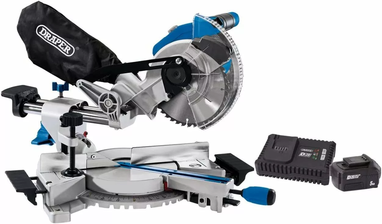 Draper 99970 D20 20V Brushless Sliding Compound Mitre Saw, 185mm, 1 x 5.0Ah Battery, 1 x Twin Charger