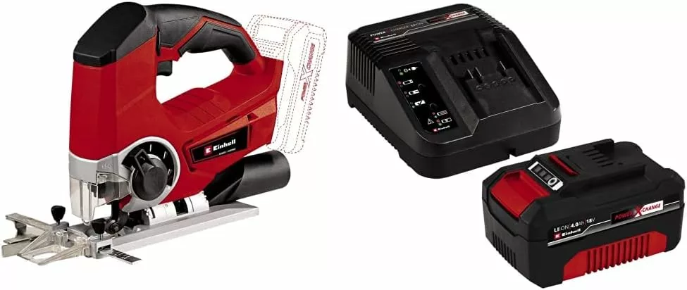 Einhell Power X-Change 18V Cordless Jigsaw With Battery And Charger - Battery Powered Electric Saw To Cut Wood, Plastic and Metal - TE-JS 18/80 Li Jig-Saw Tool With Angle Adjustment