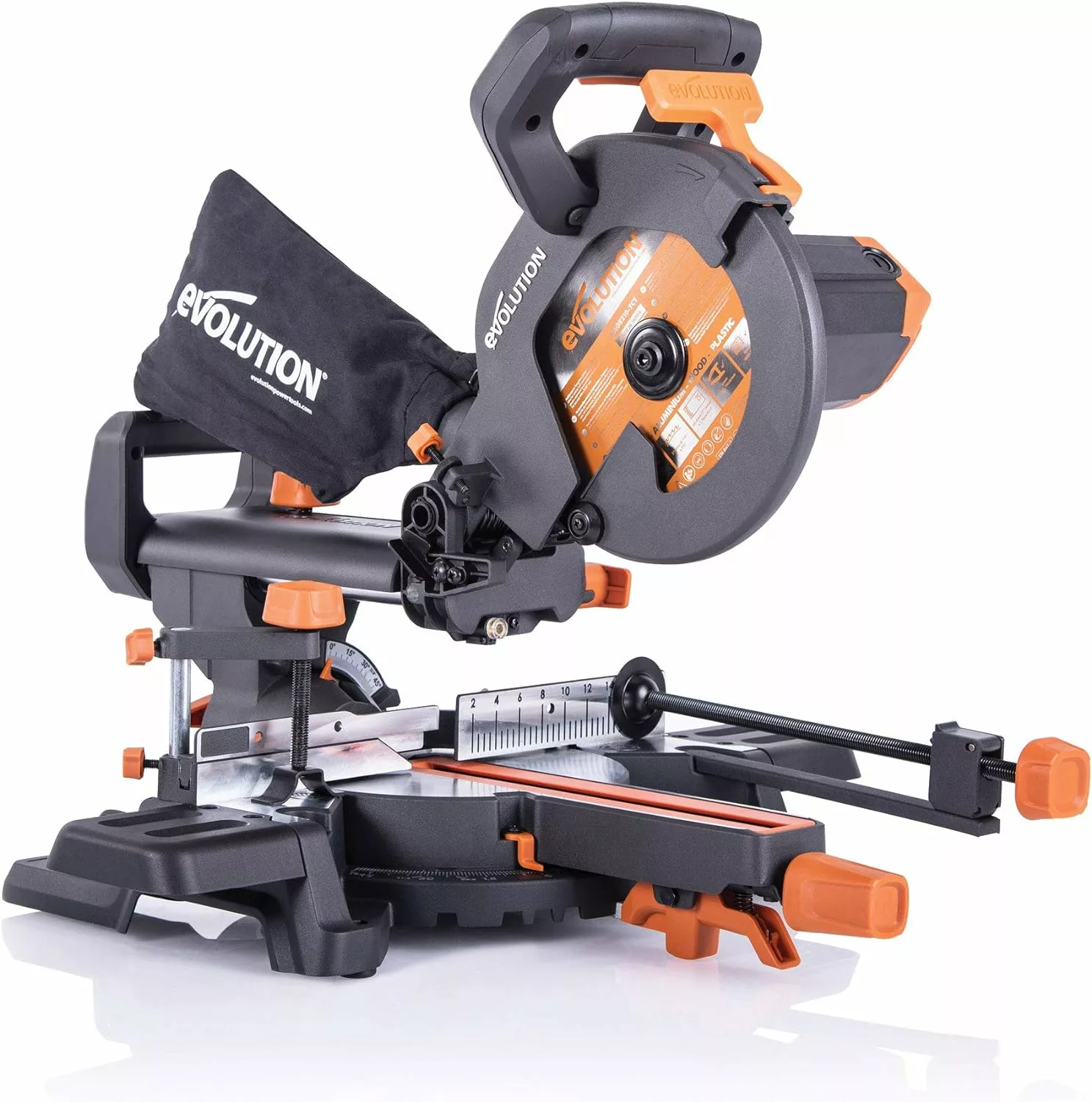 Evolution Power Tools R210SMS+ Sliding Mitre Saw With Multi-Material Cutting, 45° Bevel, 50° Mitre, 230mm Slide, 1500 W, 230 V, Black
