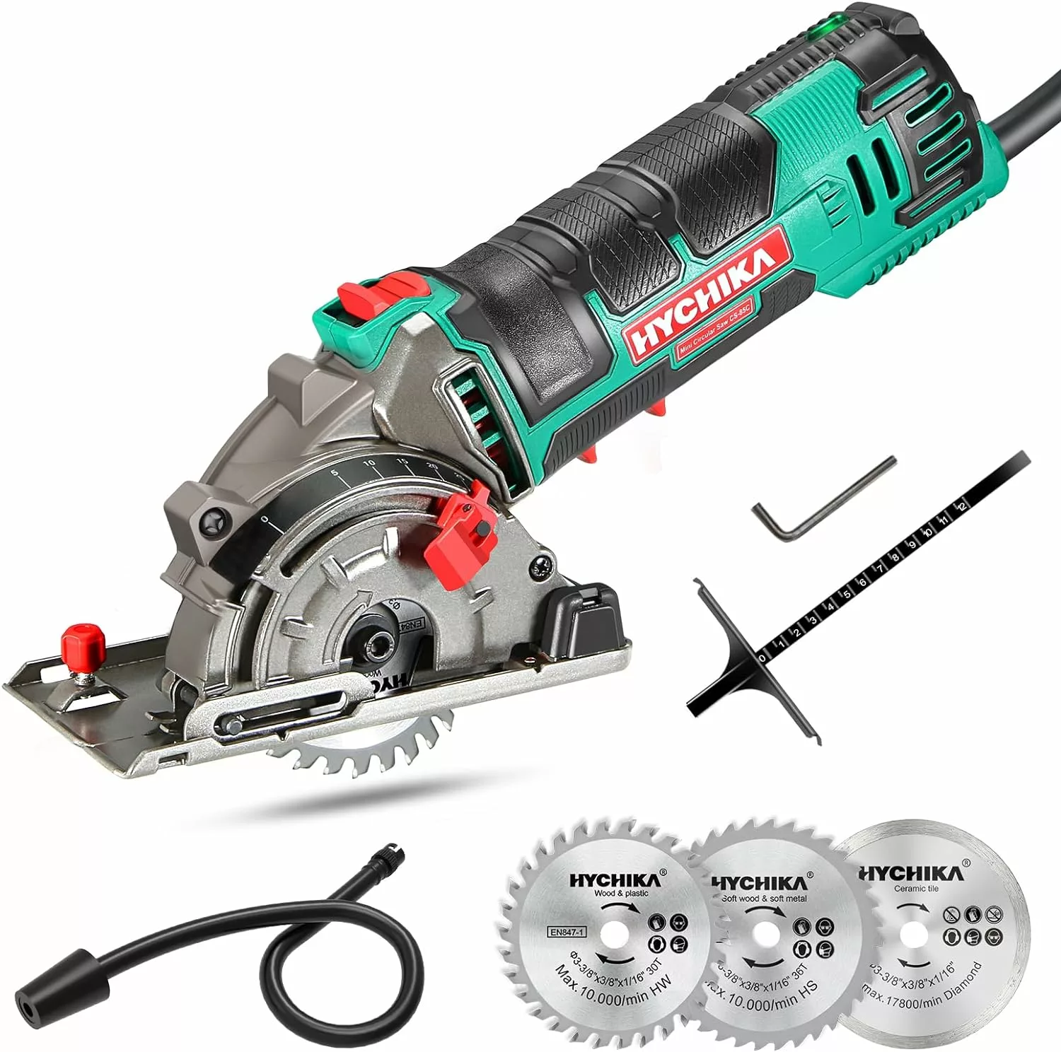 HYCHIKA Mini Circular Saw, Circular Saw with 3 Saw Blades(85mm), Scale Ruler, 500W Pure Copper Motor, 4500RPM Ideal for Wood, Soft Metal, Tile and Plastic Cuts
