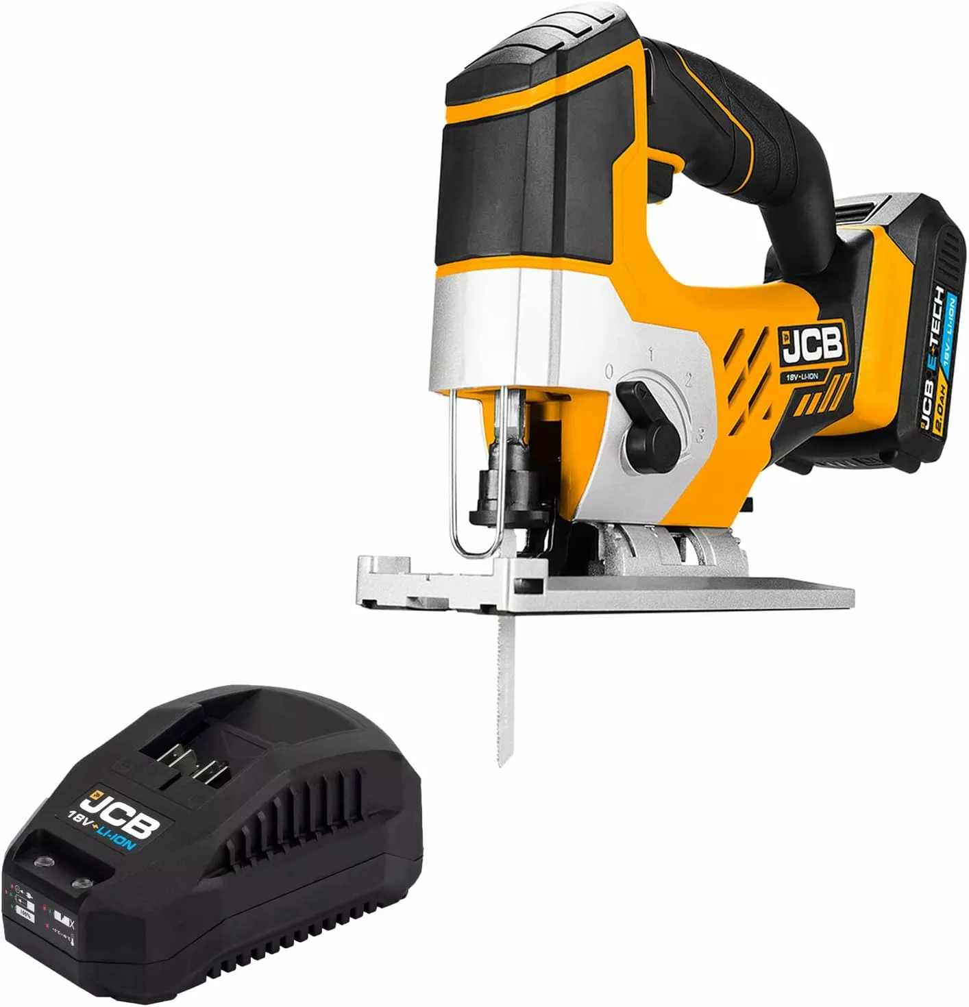 JCB 18V Cordless Jigsaw, 2.0Ah Battery, Fast Charger, Variable Speed & Adjustable Foot Plate, Tool-Free Blade Changing, Led Light & 4 Stage Pendulum, 3 Year Warranty