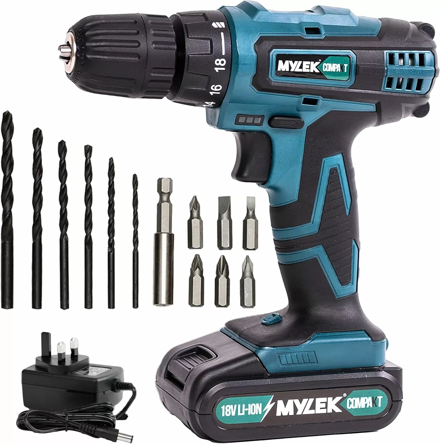 MYLEK 18V Cordless Drill - Lithium Ion Drills Driver Screwdriver Set - 13 Piece Combi Accessory Kit - LED Worklight, 18 Volts Blue/Black