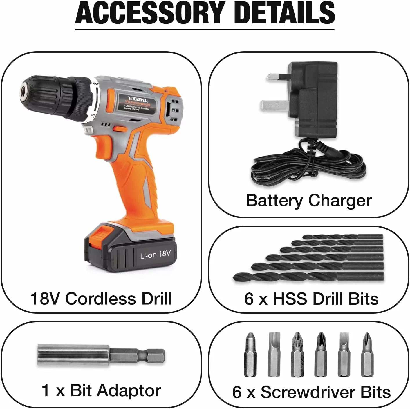 Terratek 13Pc Cordless Drill Driver 18V/20V-Max Lithium-Ion, Electric Screwdriver, Accessory Kit, LED Work Light, Quick Change Battery & Charger Included
