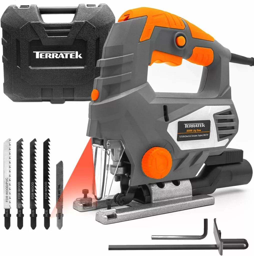 Terratek 800W Electric Jigsaw, 6 Speeds, Laser Guide, Cutting Capacity 80mm Wood, 10mm Metal, MAX 45°Cutting Angle, Quick Tool Free Blade Change