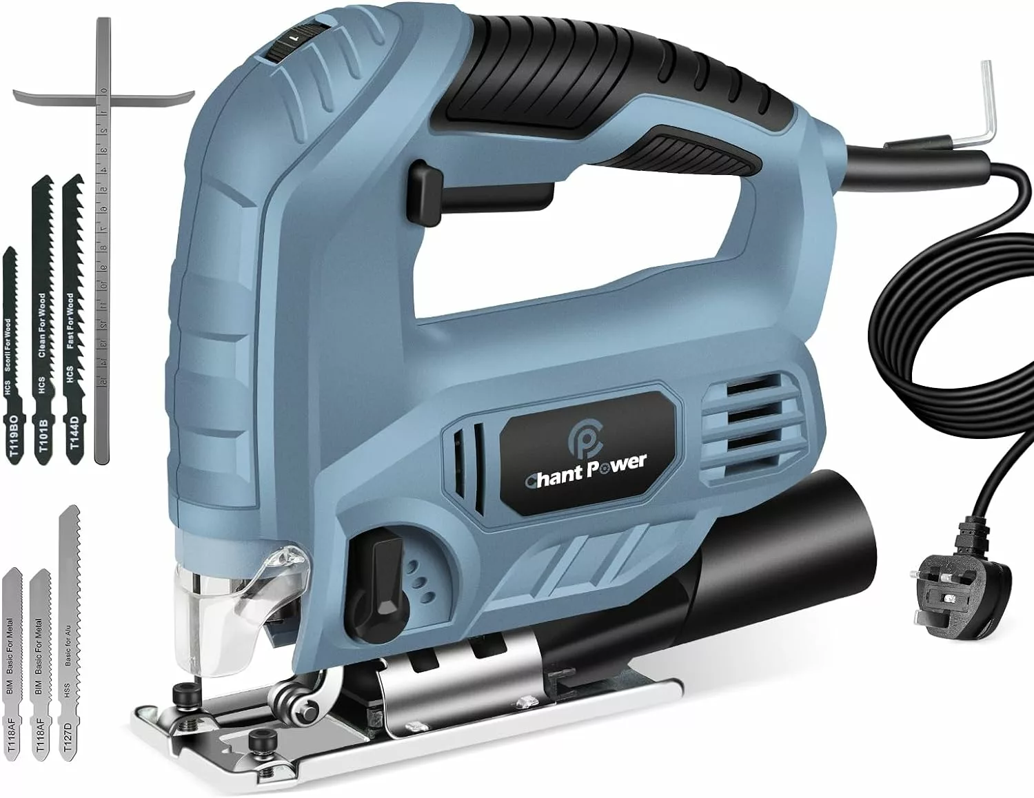 C P CHANTPOWER Jigsaw Tool, 600W 800-3000 SPM Jig Saw with 6 Variable Speed, 4 Orbital Sets, 6 T-Shank Saw Blades, Scale Ruler, ±45°Bevel Cutting Angle