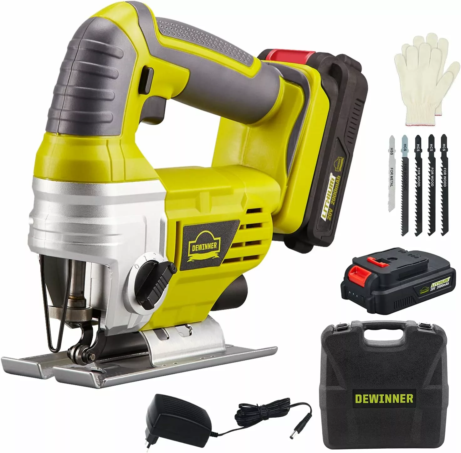 DEWINNER Cordless Jigsaw Saw with 1 * 2.0Ah Li-ion 20V MAX Battery, Charger,5*Blades - Includes 3 Stage Pendulum Action, Tool-Less Blade Change & Dust Extractor Port