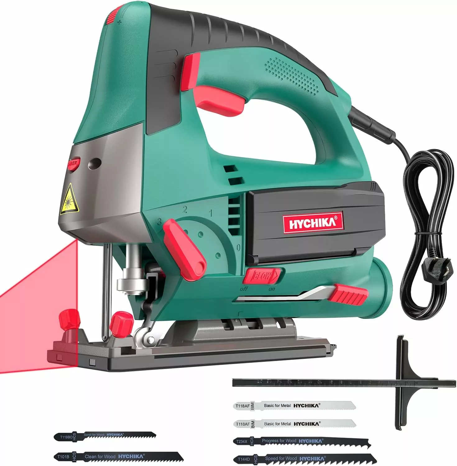 Jig Saws, 800W Max Cutting Depth 110mm for Wood, 800-3000 SPM HYCHIKA Electric Jigsaw with Laser, 6 Variable Speeds, 0-3 Orbital Sets, -45° to +45° Bevel Cutting, 6 Blades