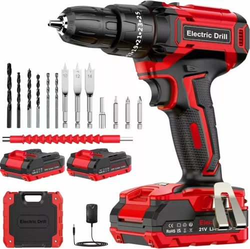 Cordless Drill Set 21V, Cordless Hammer Drill with 2 Batteries 2000mAh, 42N.m Max Power Electric Drill Driver Set, 25+3 Torque, 2 Speed, LED Light, 20PCS Drill Bits Upgraded Combi Drill for Home