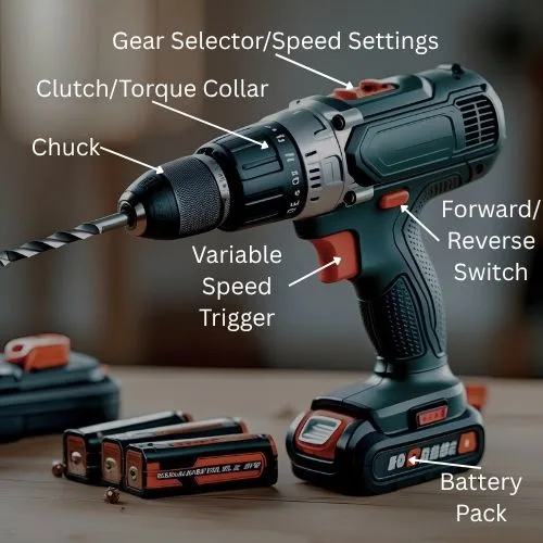 diagram of a cordless drill showing the features