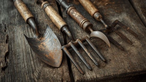 selection of rusty garden hand tools