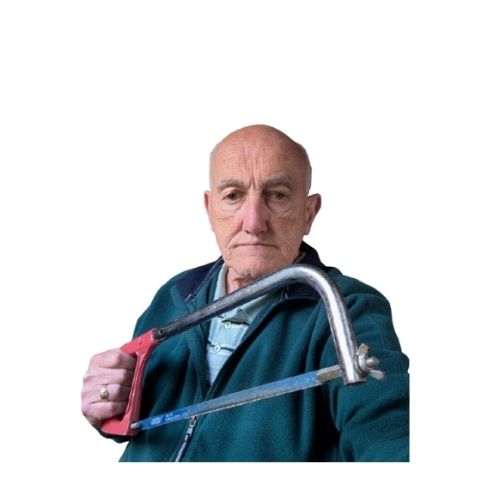 image of website owner holding a standard size hacksaw