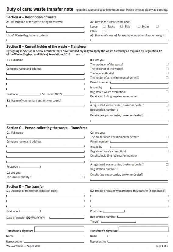 waste transfer note template