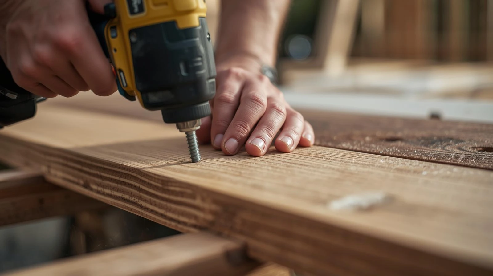 someone using a cordless impact driver to screw in decking boards
