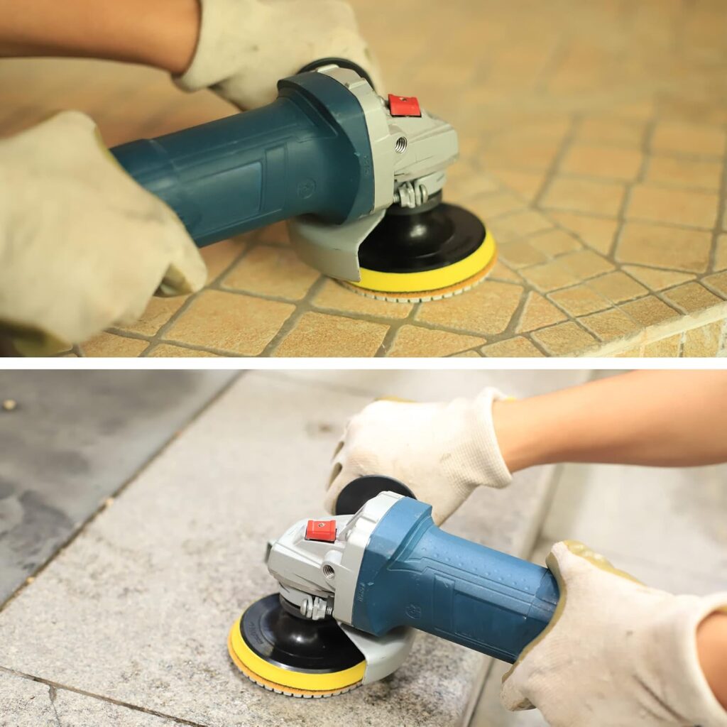 two images of an angle grinder with polishing pads attached