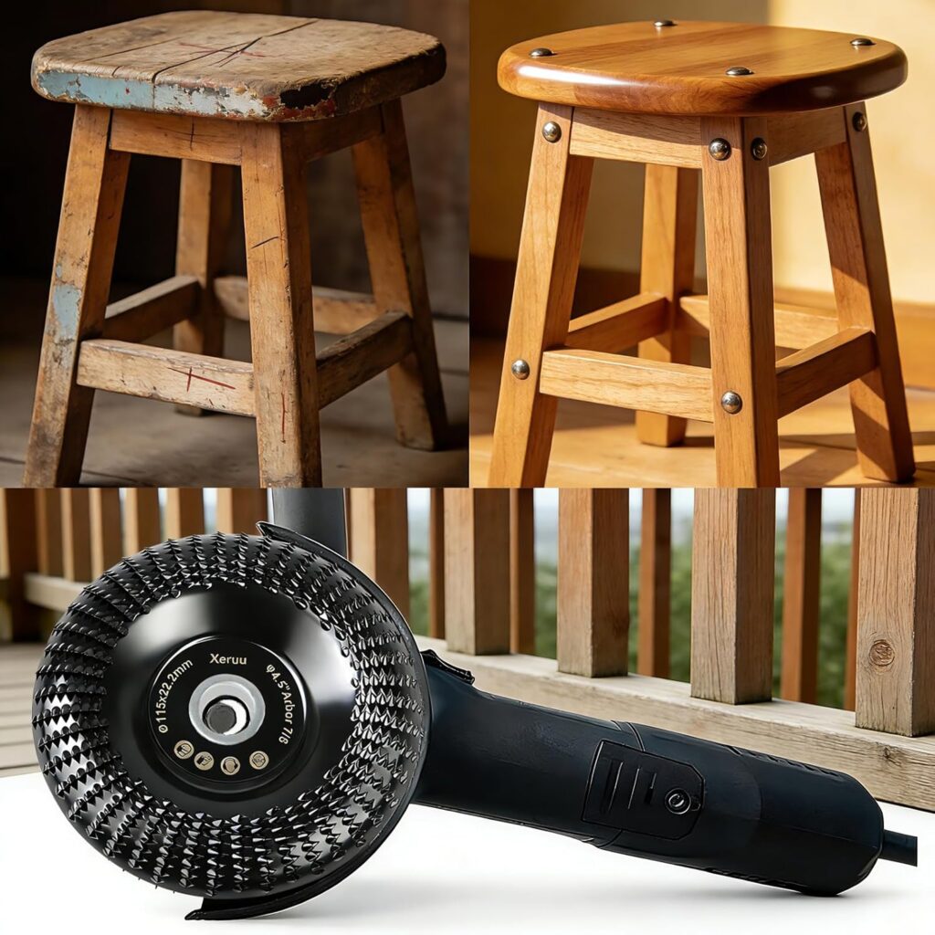 two stools and an angle grinder with wood carving discs
