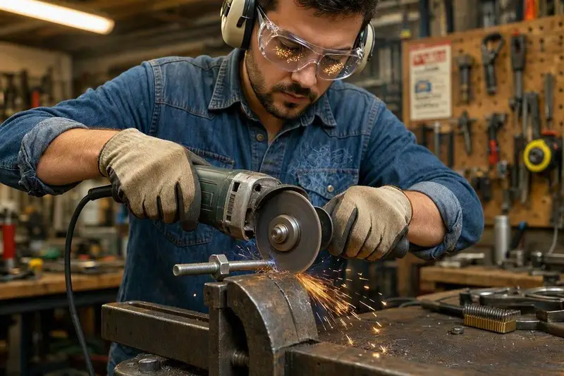 beginner using an angle grinder to cut a bolt