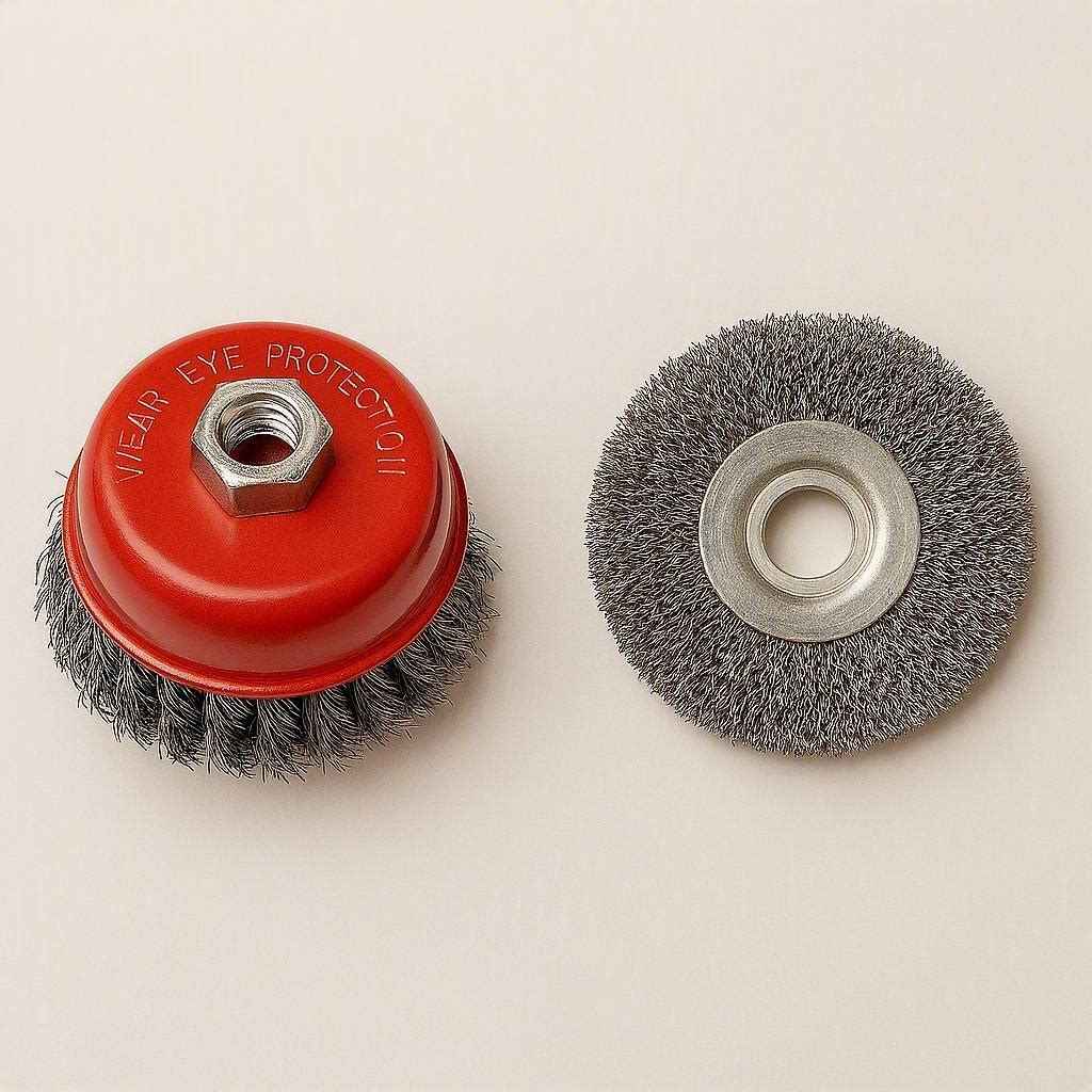a wire brush and a wire wheel for an angle grinder
