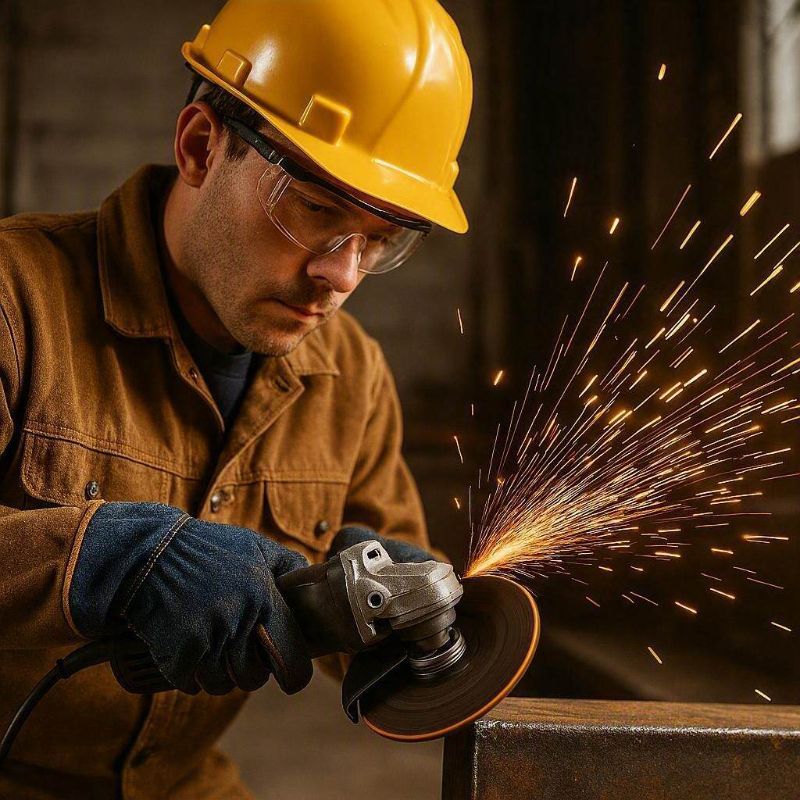 man wearing a safety hat, safety googles and gloves using an angle grinder
