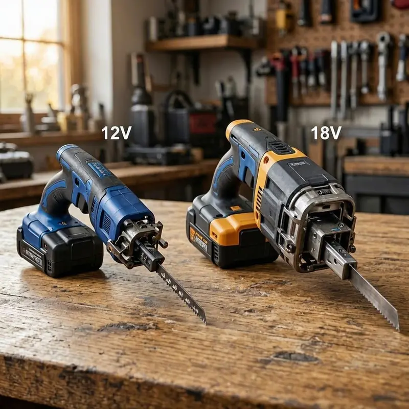 a 12V reciprocating saw beside an 18V reciprocating saw