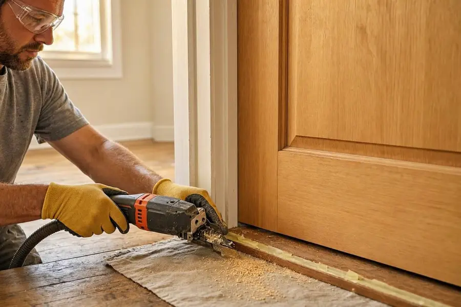 man using an oscillating multi-tool to cut the bottom of a door