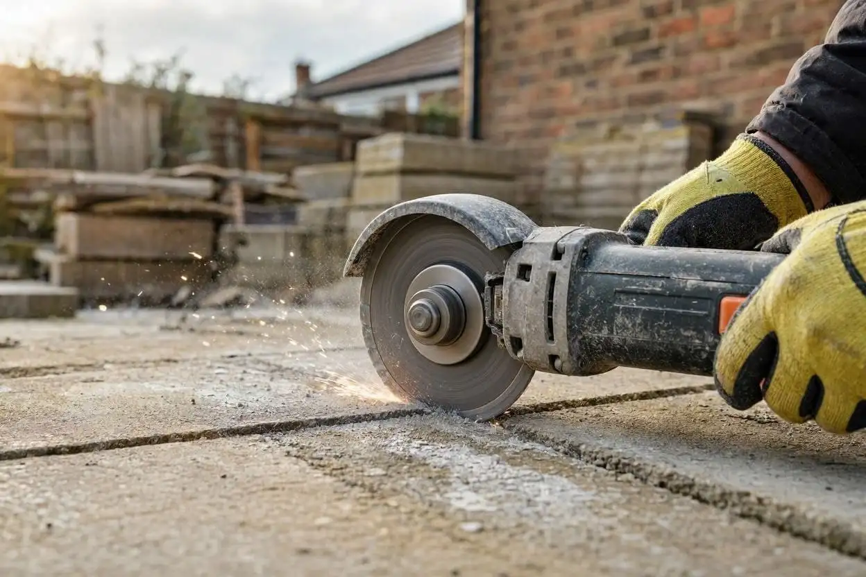 man using an angle grinder to cut paving slabs