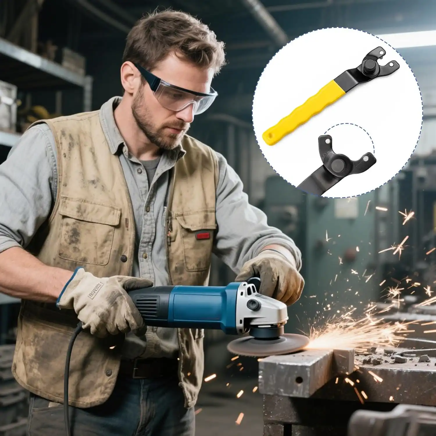 man using an angle grinder with pin spanner highlighted