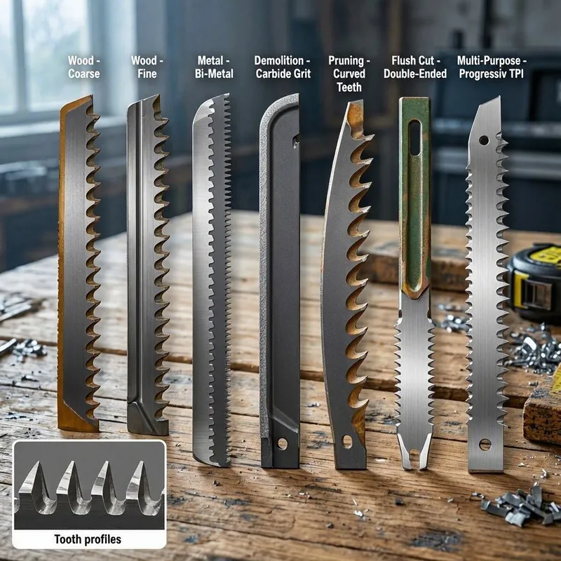 a set of reciprocating saw blades of different types
