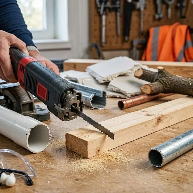 a reciprocating saw beside wood, metal, plastic pipe, copper pipe