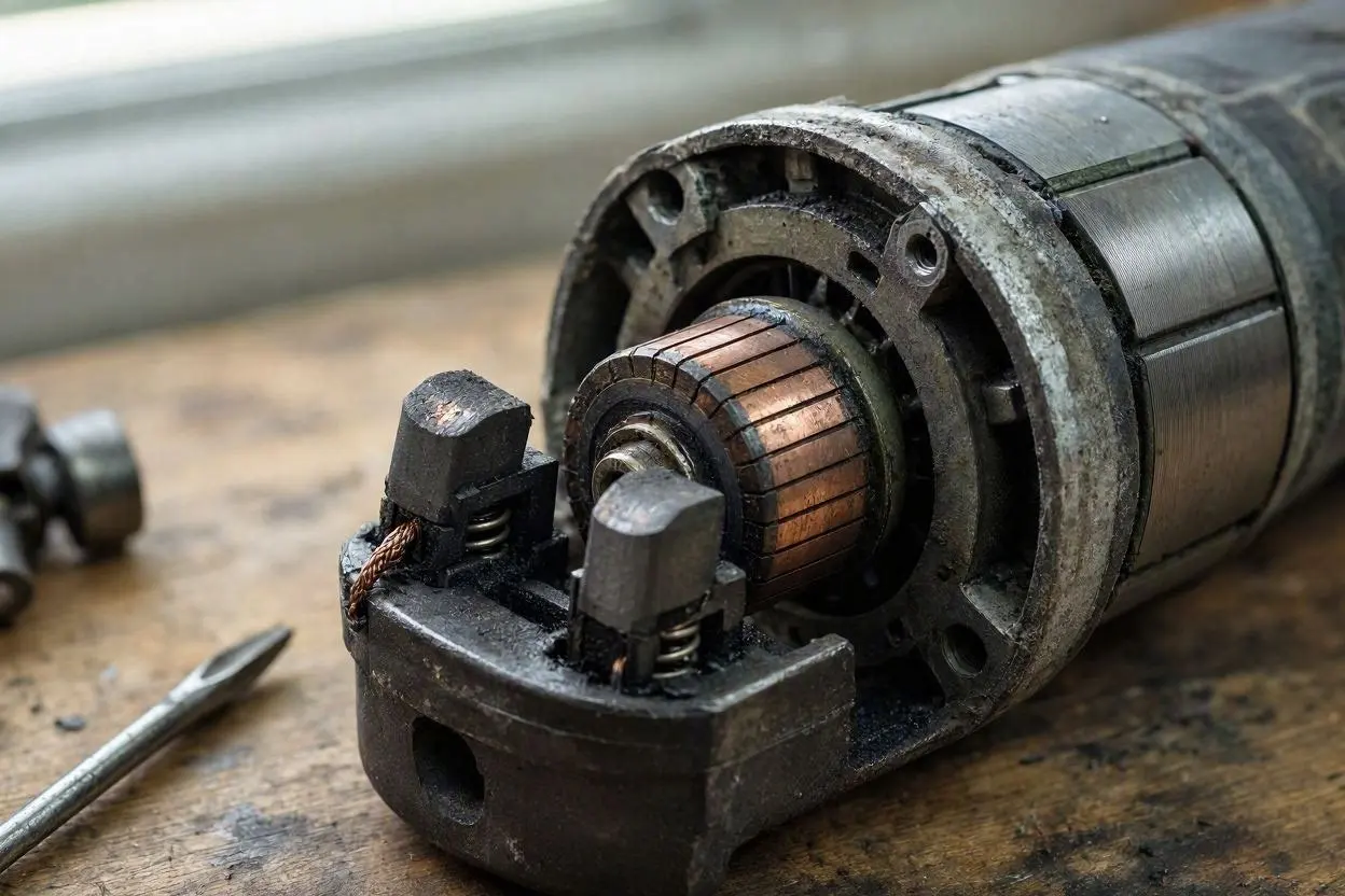 an angle grinder motor showing worn out carbon brushes
