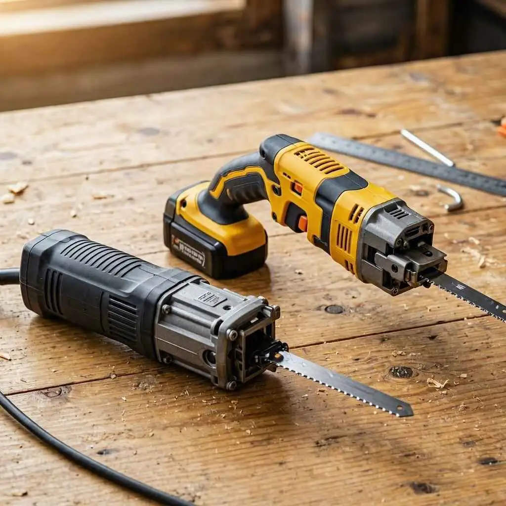 corded reciprocatng saw side by side with a cordless reciprocating saw