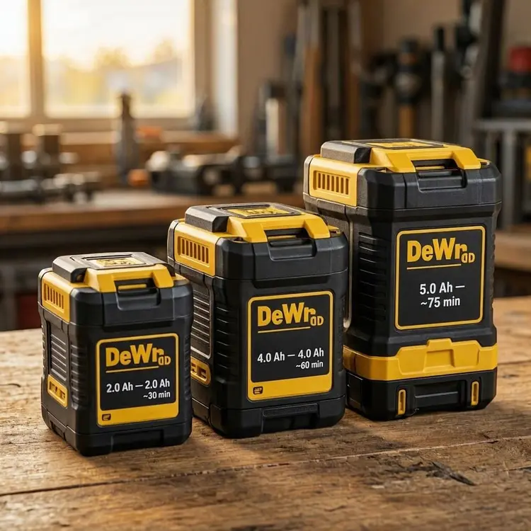 3 dewalt batteries 2Ah, 4.0 Ah and 5.0Ah showing approximate runtime
