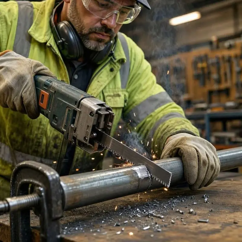 man cutting metal with a reciprocating saw