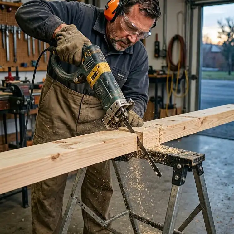 man cutting wood using a reciprocating saw