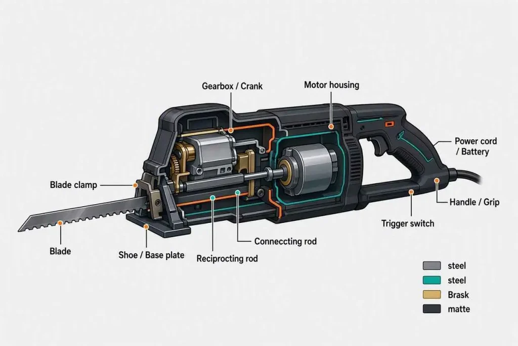 clear diagram of a reciprocating saw showing the key working parts and features