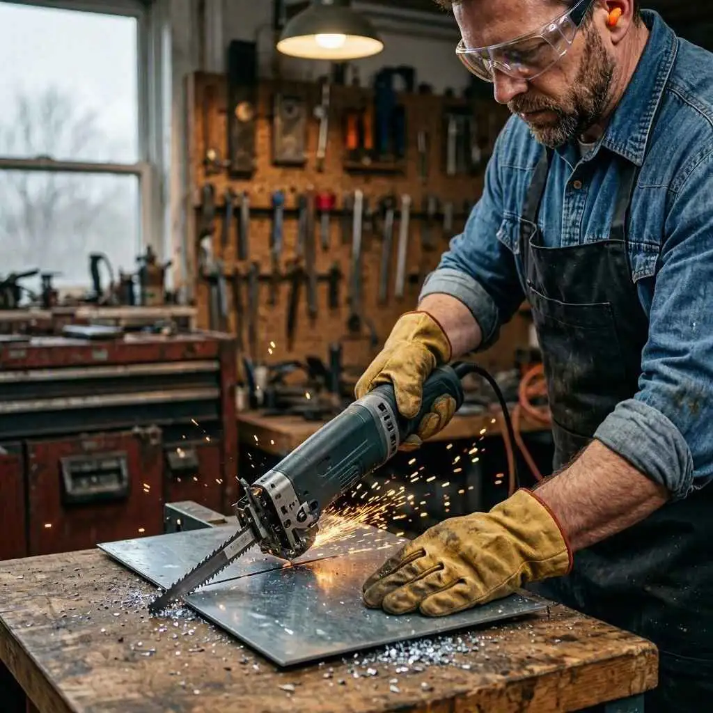 man using a reciprocating saw to cut steel