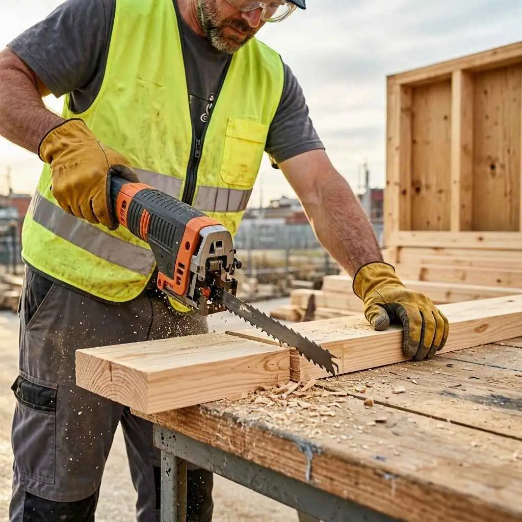 male using a reciprocating saw to cut wood