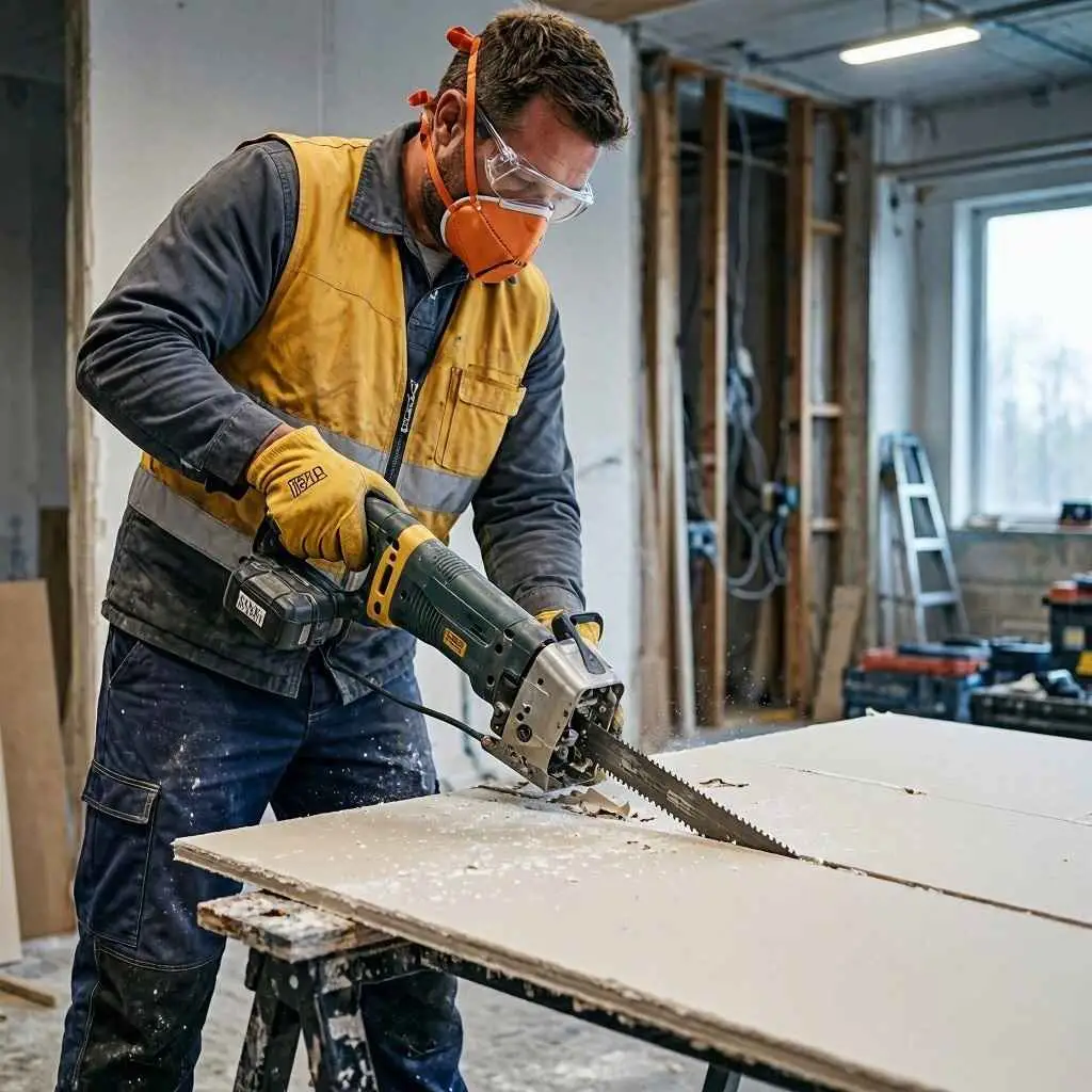 a man using a reciprocating saw to cut plasterboard