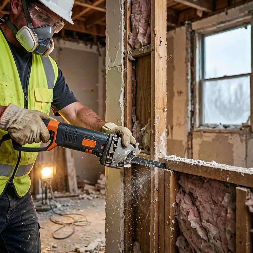 man using a reciprocating saw for demolition of a stud wall