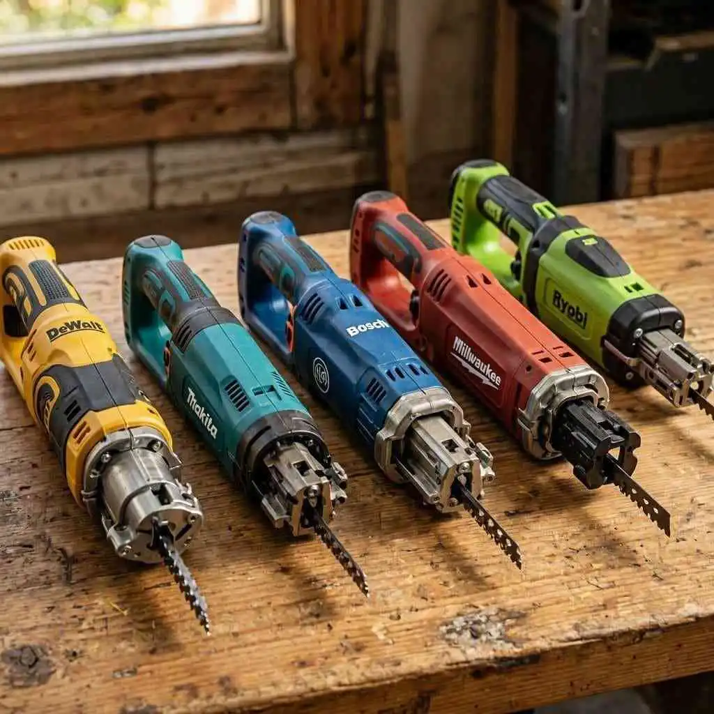 dewalt, makita, bosch, milwaukee and ryobi recip saws side by side