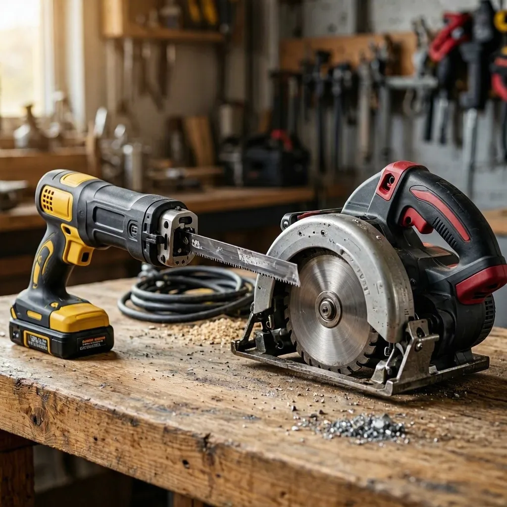 a reciprocating saw sitting beside a circular saw