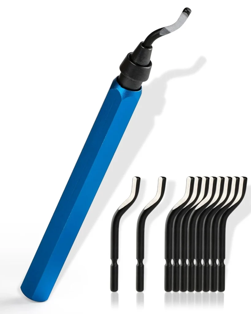 swivel head manual deburring tool with a selection of hook blades