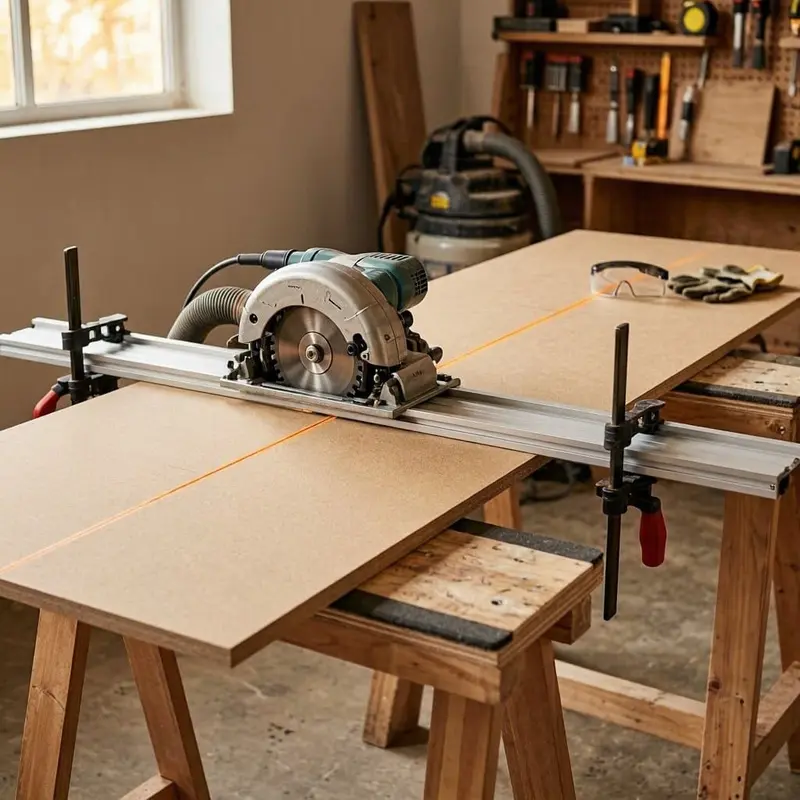 MDF securely supported for circular saw cutting