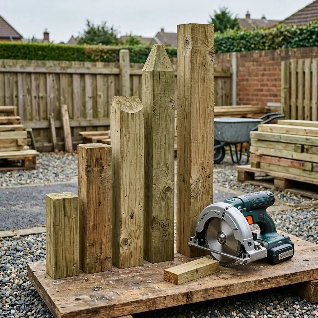 a number of various sized fence and decking posts which can be sut with a circular saw