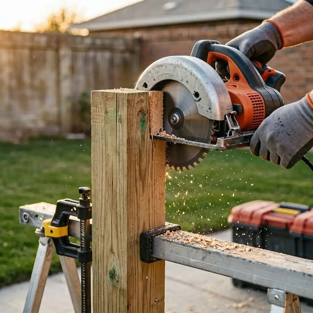 Circular saw cutting a wooden fence post