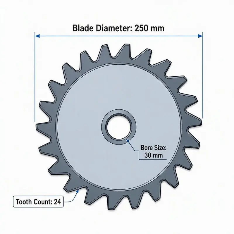 Circular saw diagram showing blade tooth count, diameter and bore size